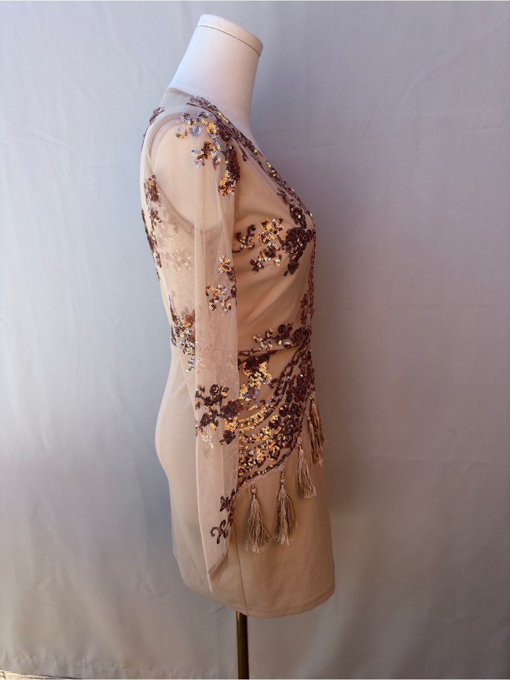 Nasty Gal Sheer Sequin Tassel Mini Dress Deep V Long Sleeve Sz 4 - Picture 3 of 12
